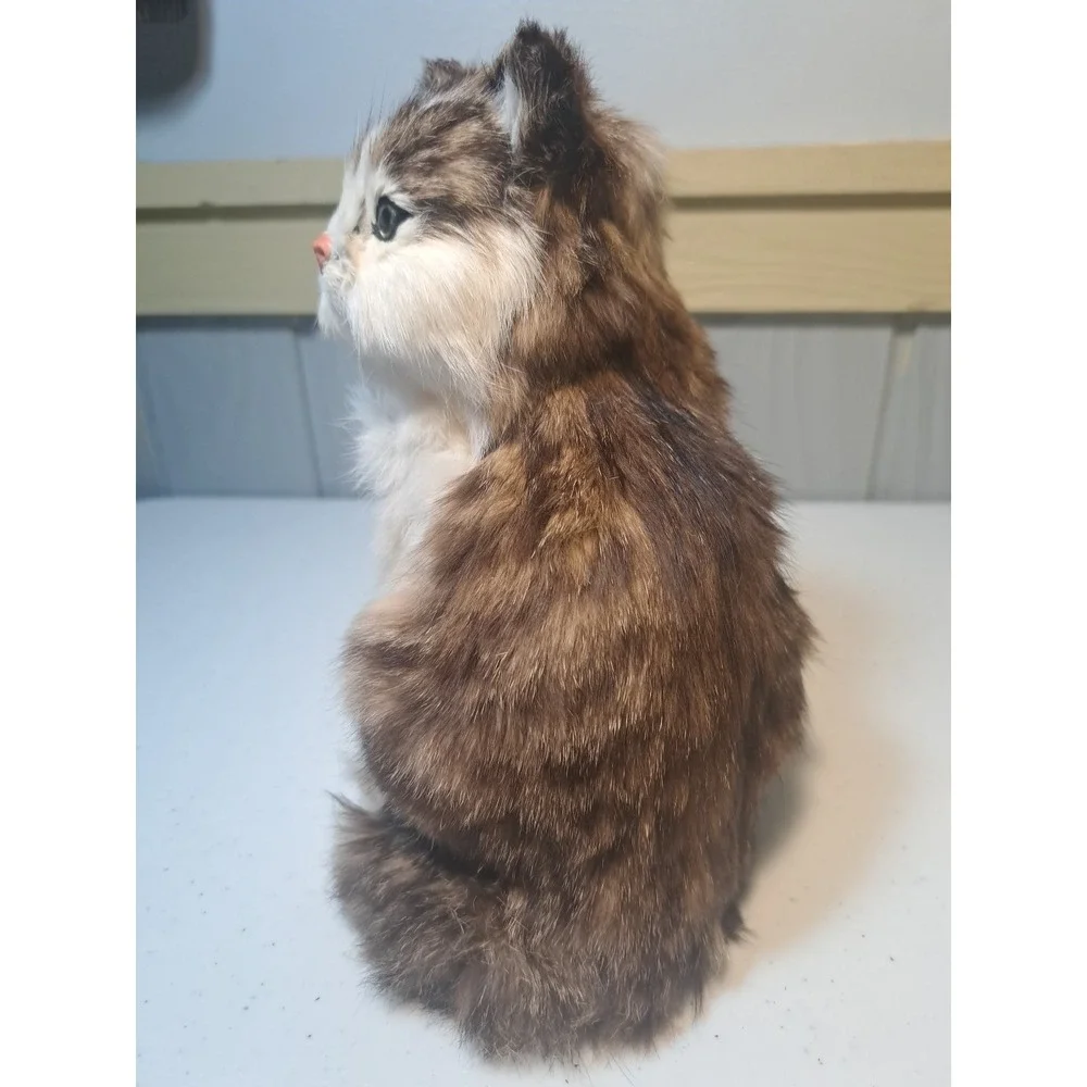 Real Fur Kitty Cat Calico Realistic‎ Vtg Tri-Color Sitting 7.5